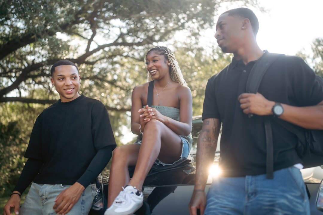 group of friends talking outdoors